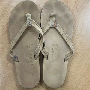 Rainbow Tan Leather Flip Sandals with Subtle Logo Tab